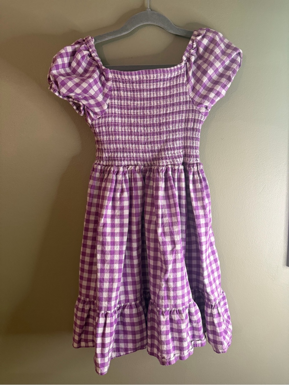 Girls' Lavender Gingham Smocked Puff Sleeve Dress